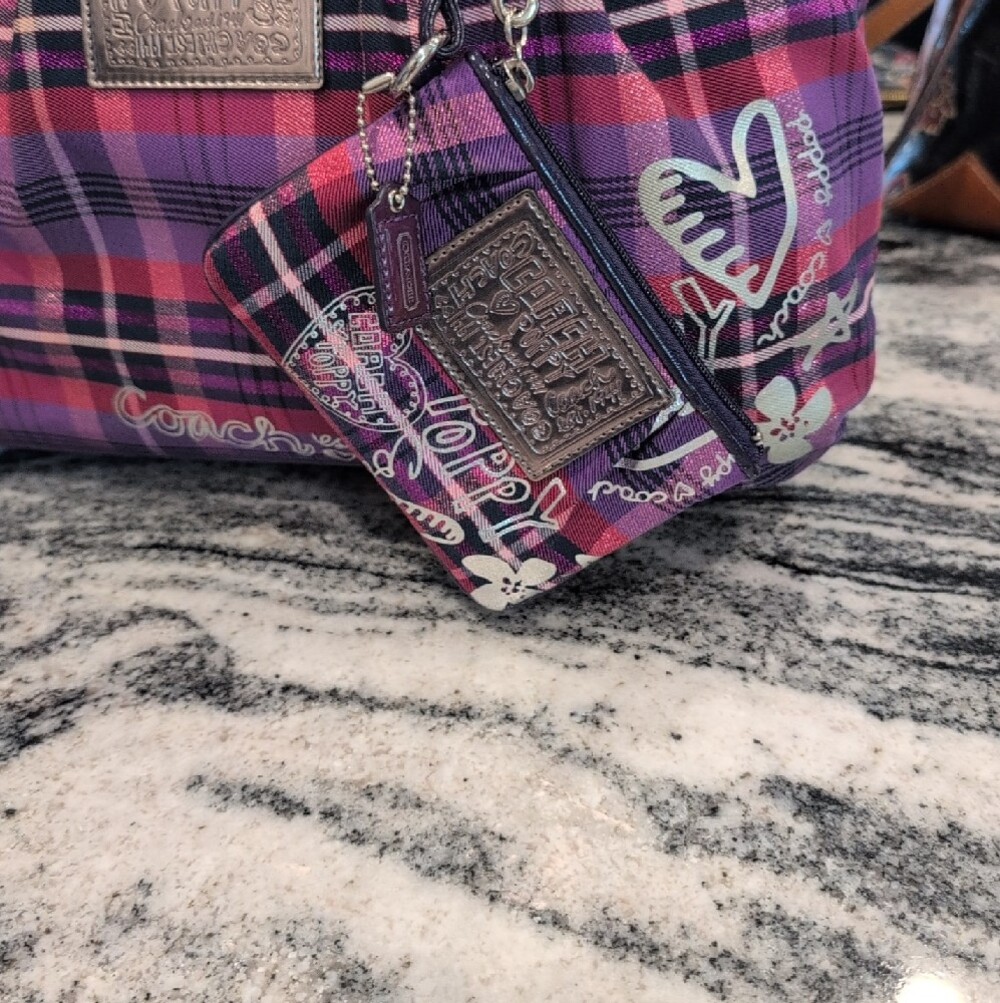 Coach Poppy Large Purple Plaid Tartan Glam Bag w/Matching Wristlet - RARE - Picture 14 of 15